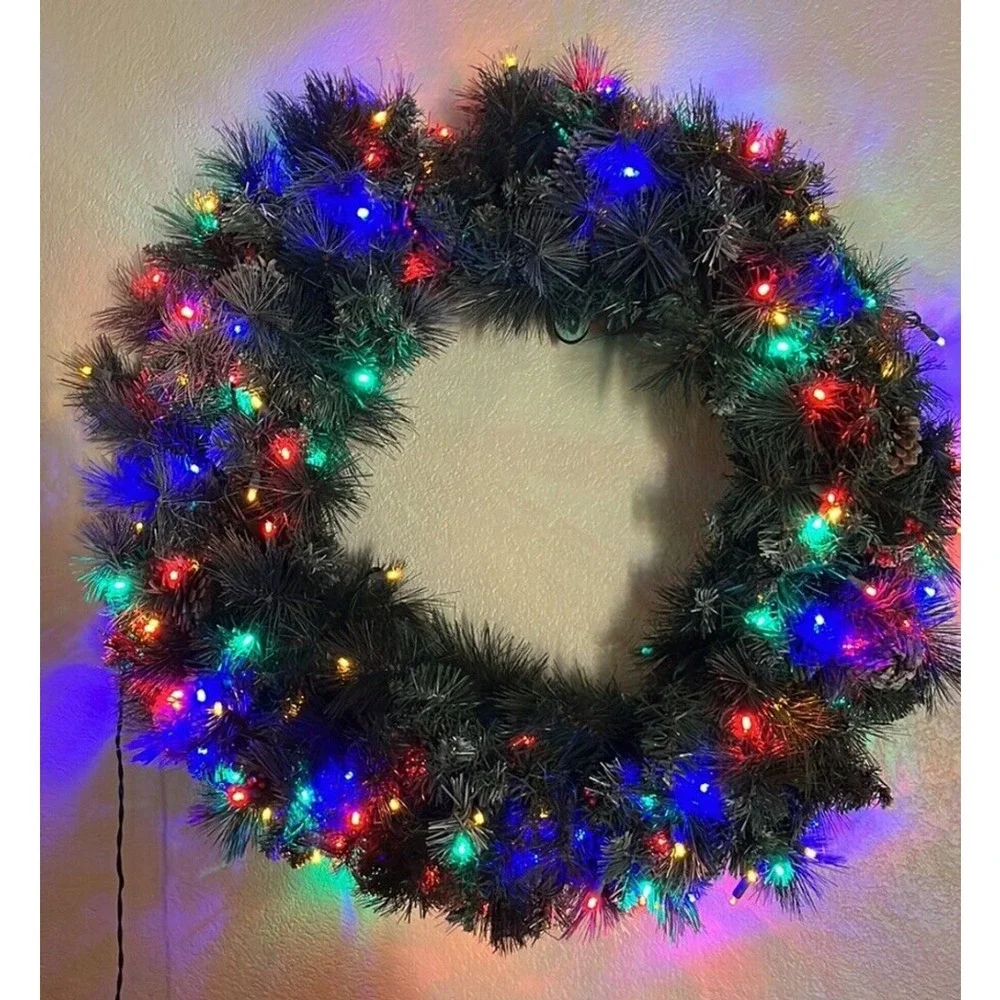 Celebrations 36in Prelit Mixed Needle Pine Wreath 150 Multi LED Lights Pinecones
